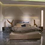 Light Beige Upholstered Bed with Artistic Gold Accents & Coordinated Bench